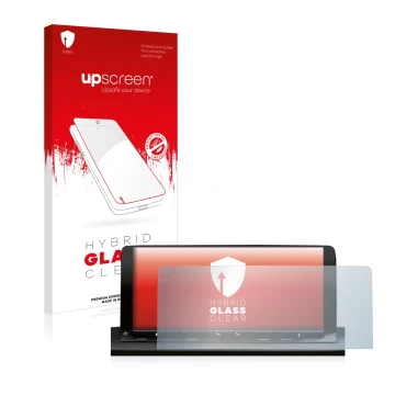 Face avant d’un emballage produit avec le logo de la marque upscreen. À côté, l’appareil Volkswagen Caddy 5 Discover Media 10