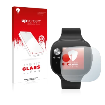 Face avant d’un emballage produit avec le logo de la marque upscreen. À côté, l’appareil ASUS Vivowatch BP est représenté avec