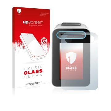 Face avant d’un emballage produit avec le logo de la marque upscreen. À côté, l’appareil Cherry eHealth Terminal ST-1506 est r