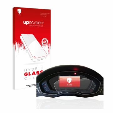 Face avant d’un emballage produit avec le logo de la marque upscreen. À côté, l’appareil Audi A4 B9 2017 Virtual Cockpit est r