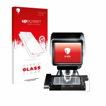 Face avant d’un emballage produit avec le logo de la marque upscreen. À côté, l’appareil Keyence LM-1100 Dessus en verre est r
