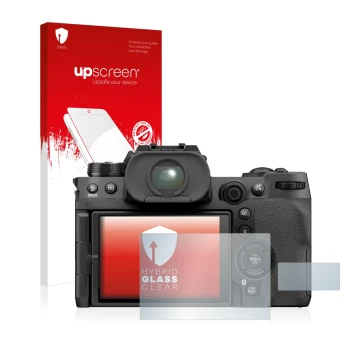 Face avant d’un emballage produit avec le logo de la marque upscreen. À côté, l’appareil Fujifilm X-H2S est représenté avec la