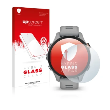 Face avant d’un emballage produit avec le logo de la marque upscreen. À côté, l’appareil Garmin Forerunner 255S est représenté