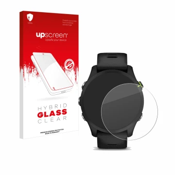 Face avant d’un emballage produit avec le logo de la marque upscreen. À côté, l’appareil Garmin Forerunner 255 est représenté 