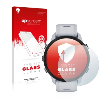 Face avant d’un emballage produit avec le logo de la marque upscreen. À côté, l’appareil Garmin Forerunner 955 Solar est repré
