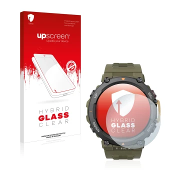 Face avant d’un emballage produit avec le logo de la marque upscreen. À côté, l’appareil Huami Amazfit T-Rex 2 est représenté 