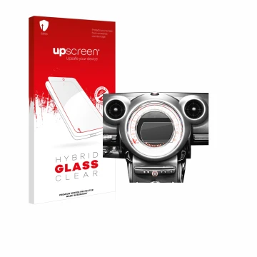 Face avant d’un emballage produit avec le logo de la marque upscreen. À côté, l’appareil Mini Countryman R60 2010-2016 Infotai