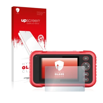 Face avant d’un emballage produit avec le logo de la marque upscreen. À côté, l’appareil Launch CRP 123 / 129 EVO est représen