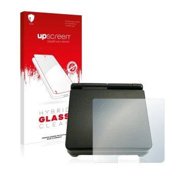Face avant d’un emballage produit avec le logo de la marque upscreen. À côté, l’appareil Nintendo Gameboy Advance SP (boîtier)