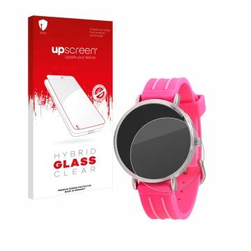 Face avant d’un emballage produit avec le logo de la marque upscreen. À côté, l’appareil Kiddus Children's Learning Watch est 