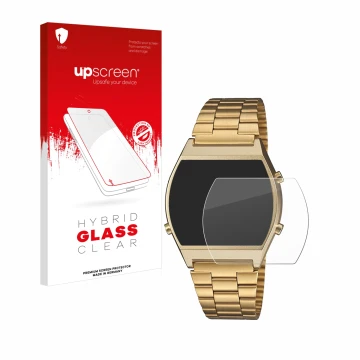 Face avant d’un emballage produit avec le logo de la marque upscreen. À côté, l’appareil Casio Retro B640WB est représenté ave