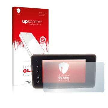 Face avant d’un emballage produit avec le logo de la marque upscreen. À côté, l’appareil Dacia Duster 2 MediaDisplay est repré