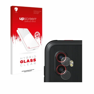 Face avant d’un emballage produit avec le logo de la marque upscreen. À côté, l’appareil Samsung Galaxy Xcover 6 Pro (Caméra U