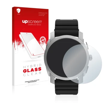 Face avant d’un emballage produit avec le logo de la marque upscreen. À côté, l’appareil Fossil Gen 6 Hybrid Machine (45mm) es