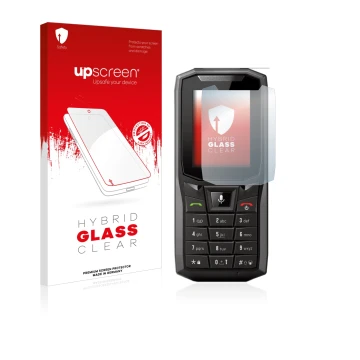 Face avant d’un emballage produit avec le logo de la marque upscreen. À côté, l’appareil Crosscall Core-S4 est représenté avec