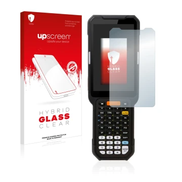 Face avant d’un emballage produit avec le logo de la marque upscreen. À côté, l’appareil Point Mobile PM451 est représenté ave