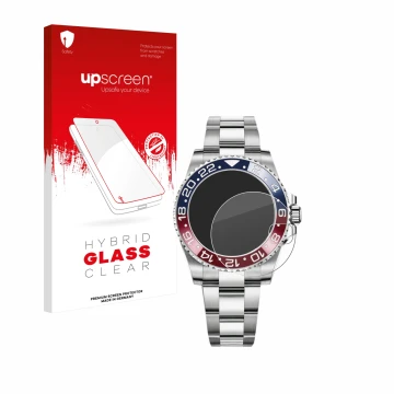 Face avant d’un emballage produit avec le logo de la marque upscreen. À côté, l’appareil Rolex GMT-Master II est représenté av