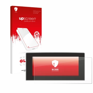 Face avant d’un emballage produit avec le logo de la marque upscreen. À côté, l’appareil Ford Focus 2022 Sync 4 13.2
