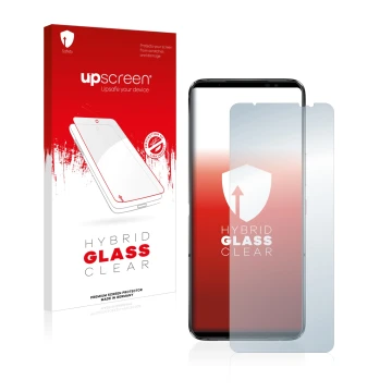Face avant d’un emballage produit avec le logo de la marque upscreen. À côté, l’appareil ASUS ROG Phone 6 est représenté avec 