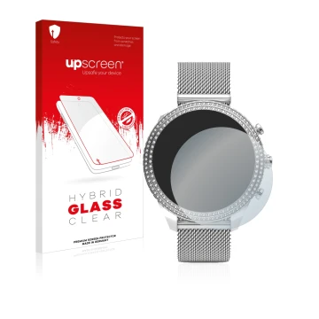 Face avant d’un emballage produit avec le logo de la marque upscreen. À côté, l’appareil Fossil Stella (6. Gen) est représenté