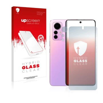 Face avant d’un emballage produit avec le logo de la marque upscreen. À côté, l’appareil Xiaomi 12 Lite (Avant+Caméra) est rep