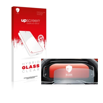 Face avant d’un emballage produit avec le logo de la marque upscreen. À côté, l’appareil Volkswagen Tiguan 2021 Digital Cockpi