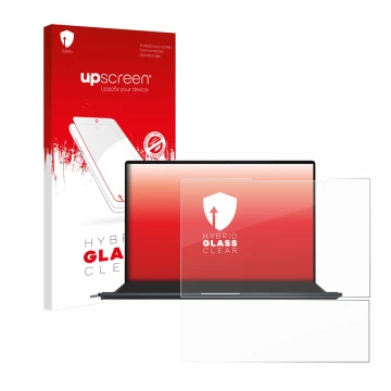 Face avant d’un emballage produit avec le logo de la marque upscreen. À côté, l’appareil ASUS ZenBook Pro 14 Duo OLED UX8402 e