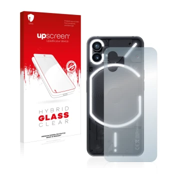 Face avant d’un emballage produit avec le logo de la marque upscreen. À côté, l’appareil Nothing Phone (1) (Arrière) est repré