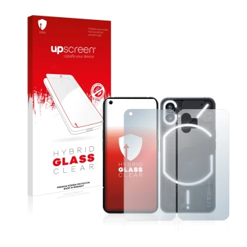 Face avant d’un emballage produit avec le logo de la marque upscreen. À côté, l’appareil Nothing Phone (1) (Avant+Arrière) est