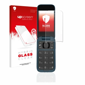 Face avant d’un emballage produit avec le logo de la marque upscreen. À côté, l’appareil Nokia 2660 Flip est représenté avec l