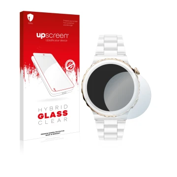Face avant d’un emballage produit avec le logo de la marque upscreen. À côté, l’appareil Huawei Watch GT 3 Pro Ceramic (43mm) 