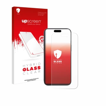 Face avant d’un emballage produit avec le logo de la marque upscreen. À côté, l’appareil Apple iPhone 14 Pro Max est représent