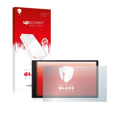 Face avant d’un emballage produit avec le logo de la marque upscreen. À côté, l’appareil Garmin dezl LGV610 est représenté ave