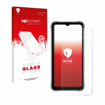 Face avant d’un emballage produit avec le logo de la marque upscreen. À côté, l’appareil Umidigi Bison X10 est représenté avec