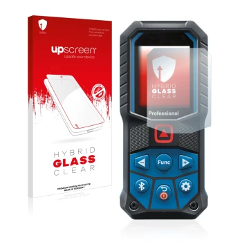 Face avant d’un emballage produit avec le logo de la marque upscreen. À côté, l’appareil Bosch GLM 50-27 C est représenté avec