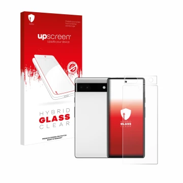 Face avant d’un emballage produit avec le logo de la marque upscreen. À côté, l’appareil Google Pixel 6a (Avant+Caméra) est re