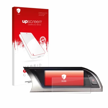 Face avant d’un emballage produit avec le logo de la marque upscreen. À côté, l’appareil Audi Audi A4 B8 (2012-2015) MMI Navig
