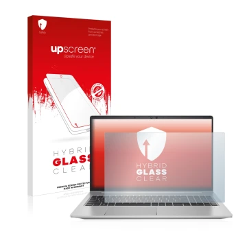 Face avant d’un emballage produit avec le logo de la marque upscreen. À côté, l’appareil HP ProBook 650 G8 est représenté avec