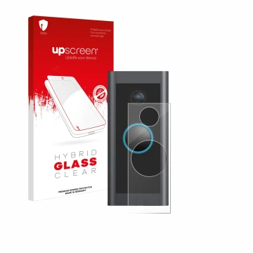 Face avant d’un emballage produit avec le logo de la marque upscreen. À côté, l’appareil Ring Video Doorbell Wired est représe
