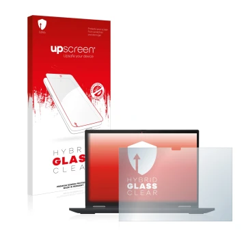 Face avant d’un emballage produit avec le logo de la marque upscreen. À côté, l’appareil Lenovo ThinkPad X13 Yoga Gen 3 est re