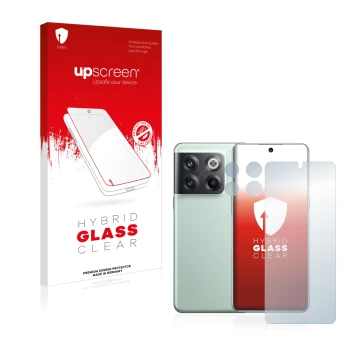 Face avant d’un emballage produit avec le logo de la marque upscreen. À côté, l’appareil OnePlus 10T 5G (Avant+Caméra) est rep