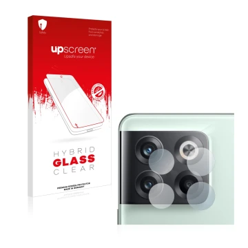 Face avant d’un emballage produit avec le logo de la marque upscreen. À côté, l’appareil OnePlus 10T 5G (Caméra UNIQUEMENT) es