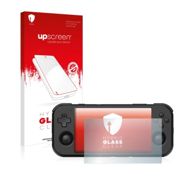Face avant d’un emballage produit avec le logo de la marque upscreen. À côté, l’appareil Retroid Pocket 3 est représenté avec 