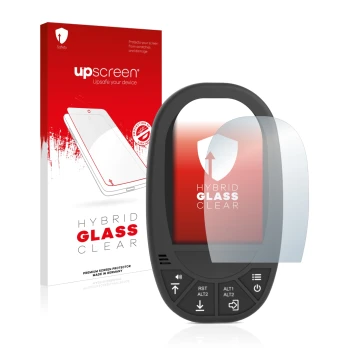 Face avant d’un emballage produit avec le logo de la marque upscreen. À côté, l’appareil Flymaster GPS LS est représenté avec 