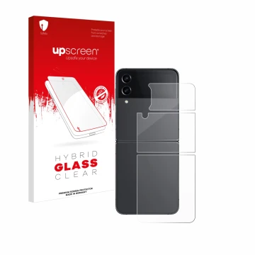 Face avant d’un emballage produit avec le logo de la marque upscreen. À côté, l’appareil Samsung Galaxy Z Flip 4 (Arrière) est