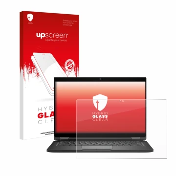 Face avant d’un emballage produit avec le logo de la marque upscreen. À côté, l’appareil Dell Latitude 7390 2-in-1 Business es