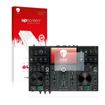Face avant d’un emballage produit avec le logo de la marque upscreen. À côté, l’appareil Denon DJ Prime Go est représenté avec