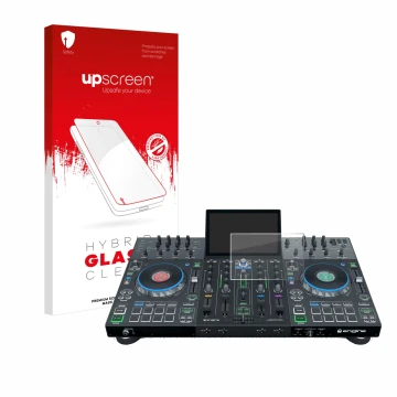 Face avant d’un emballage produit avec le logo de la marque upscreen. À côté, l’appareil Denon DJ Prime 4 est représenté avec 
