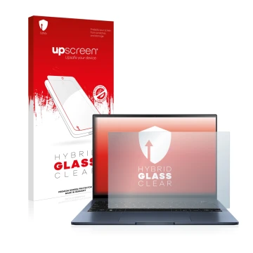 Face avant d’un emballage produit avec le logo de la marque upscreen. À côté, l’appareil ASUS ZenBook S13 OLED est représenté 
