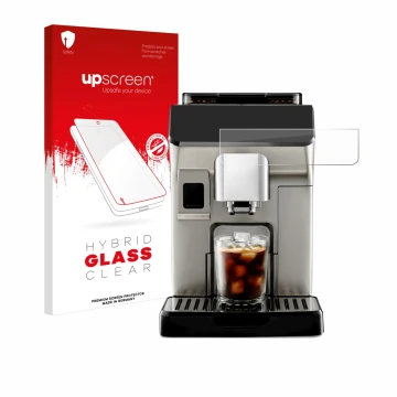 Face avant d’un emballage produit avec le logo de la marque upscreen. À côté, l’appareil DeLonghi Eletta Explore est représent